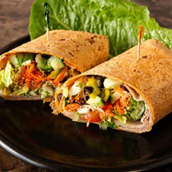 Two fresh wraps filled with lettuce, carrots, cucumbers, and tomatoes on a black plate.
