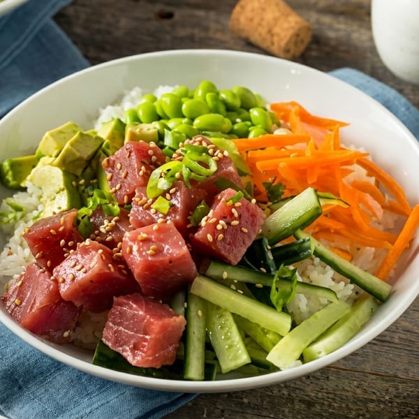 A vibrant poke bowl with tuna, avocado, edamame, carrots, and cucumbers on rice.