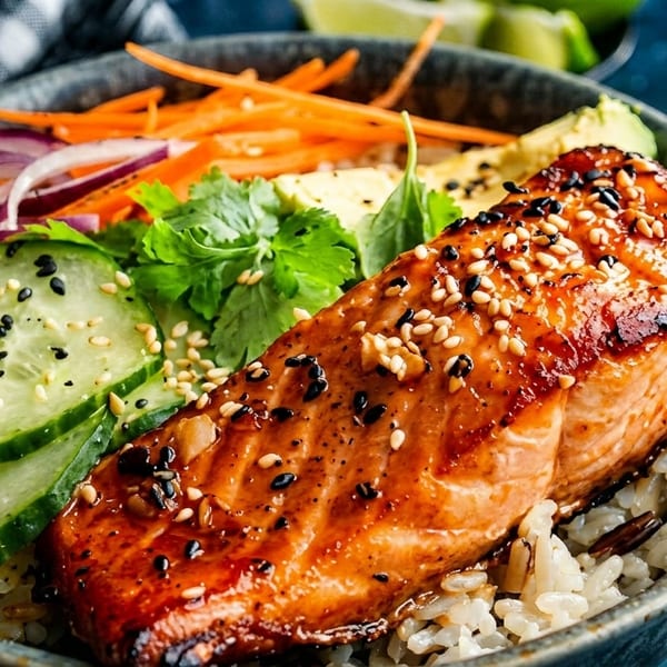 A close-up of a salmon poke bowl with rice, cucumber, carrots, red onion, and cilantro.