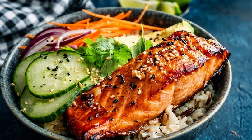 Teriyaki salmon poke bowl with rice, cucumber, avocado, carrots, red onion, and cilantro.