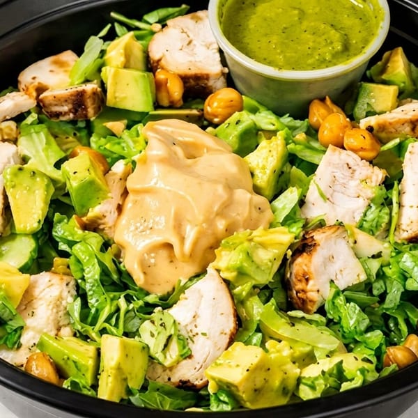 Grilled chicken and avocado salad with chickpeas, lettuce, and two dressings in a black bowl.