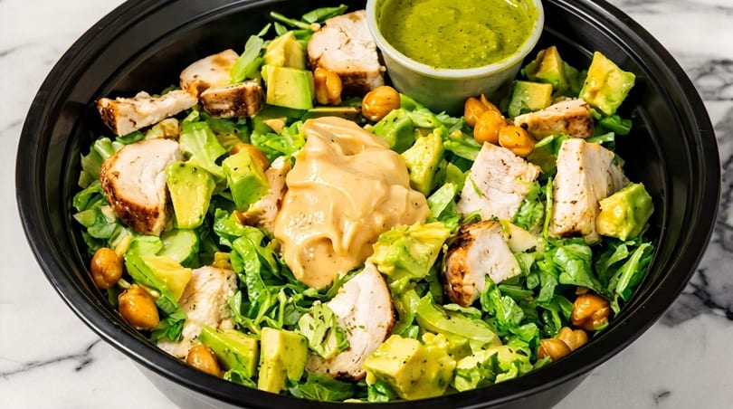 Grilled chicken and avocado salad with chickpeas, lettuce, and two dressings in a black bowl.