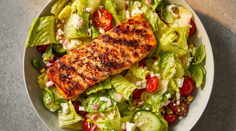 Grilled salmon fillet on a fresh salad with lettuce, tomatoes, cucumbers, and feta cheese.