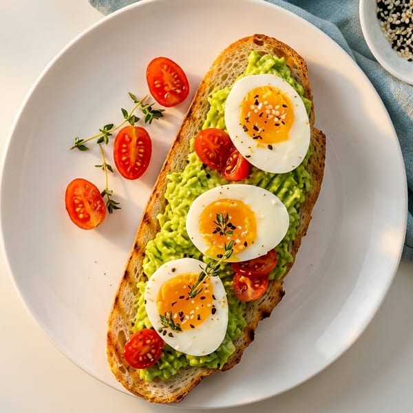 Avocado toast with three soft-boiled eggs, cherry tomatoes, and thyme on a white plate.