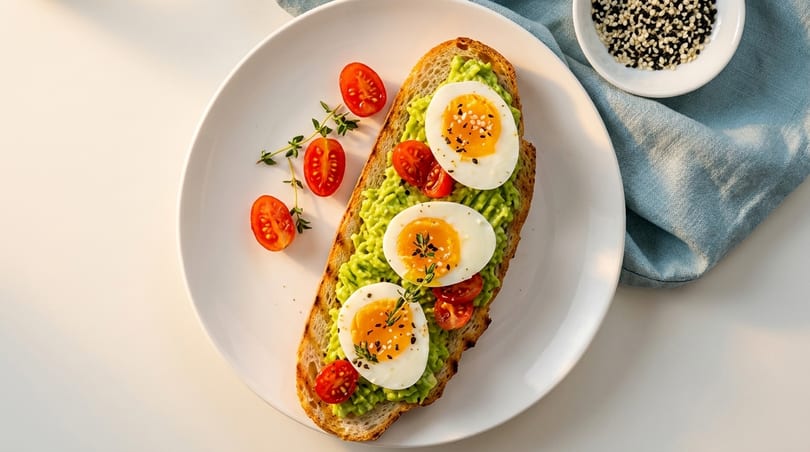 Avocado toast with three soft-boiled eggs, cherry tomatoes, and thyme on a white plate.